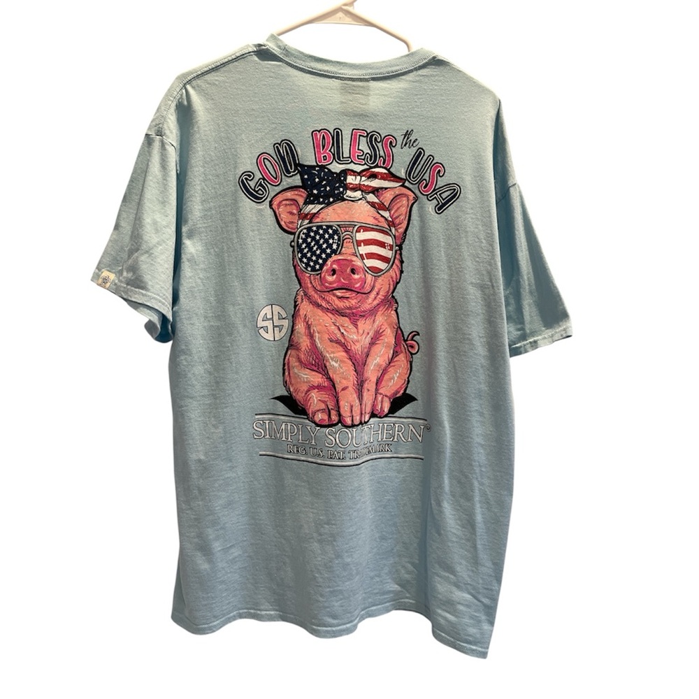 Simply Southern Blue Pink Pig Tee Shirt God Bless the USA XL - Like New